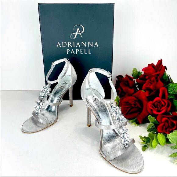 Adrianna Papell Daphne Stiletto Sandal Size 6 Silver Satin & Leather Embellished - Picture 2 of 16